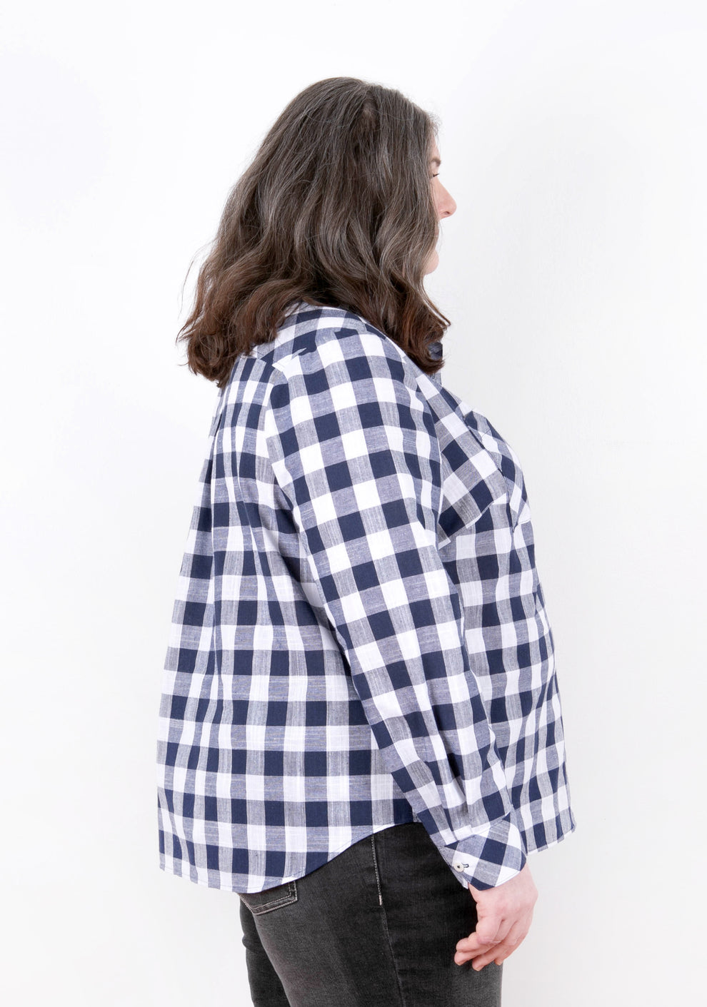 Archer Button Up View A, right side view with long sleeves, gingham fabric, size 14-32.