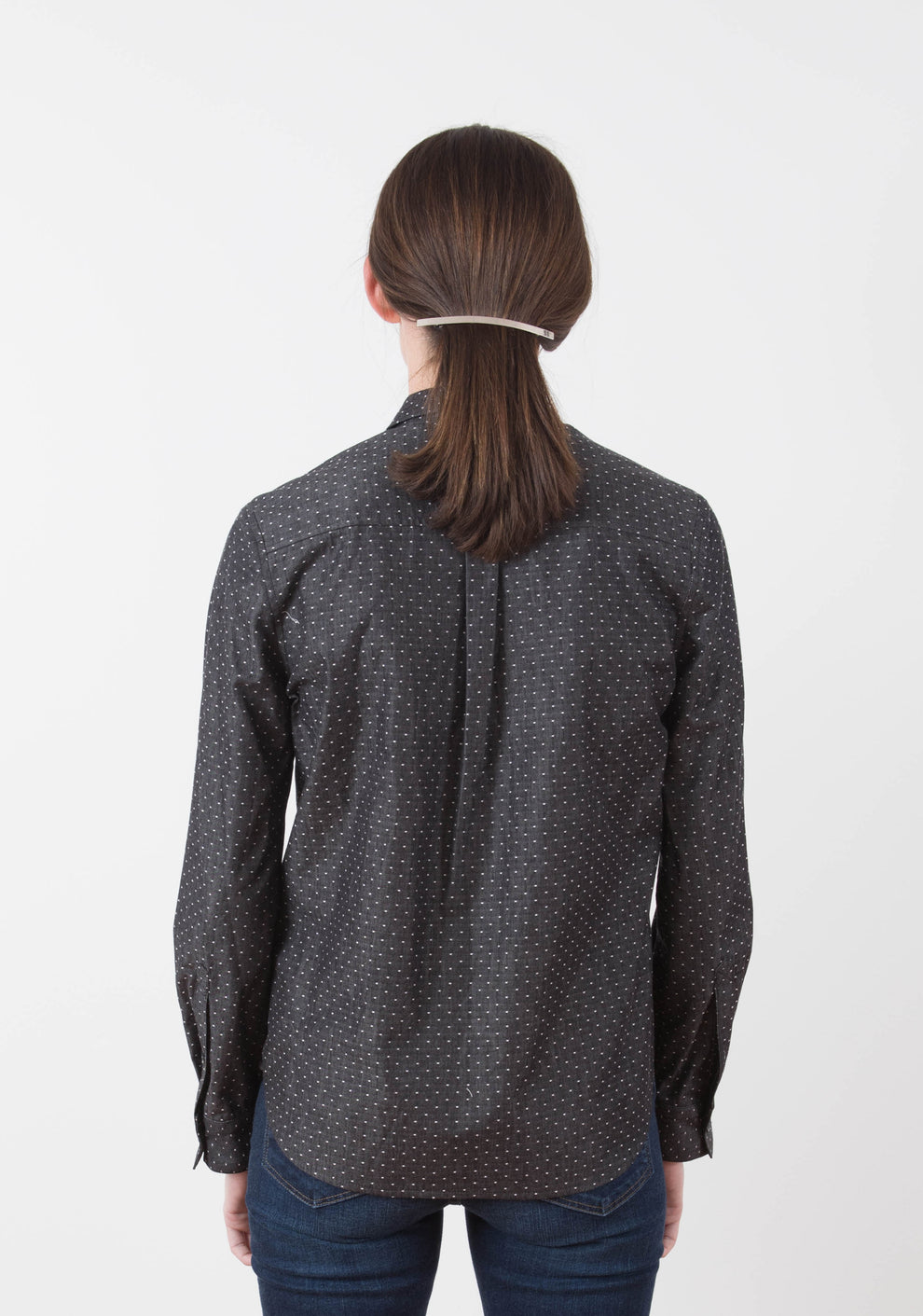 Back view of the Archer Popover shirt showing back yoke and pleat detail.