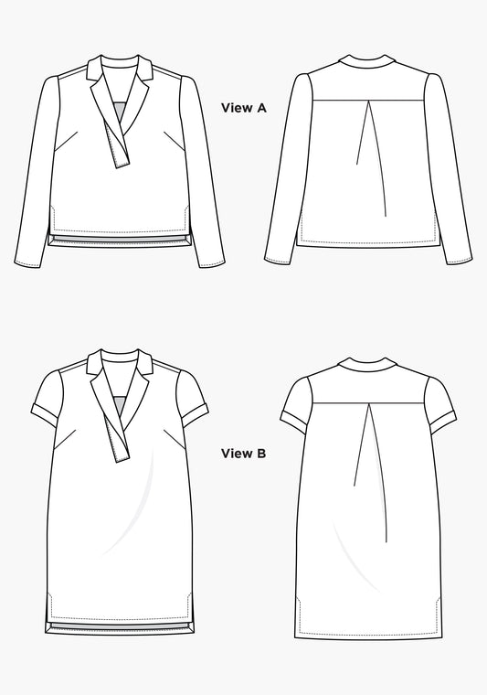 Flat technical illustrations of Augusta Top and Dress with notched collar, asymmetric lapel, darts, and back pleat.
