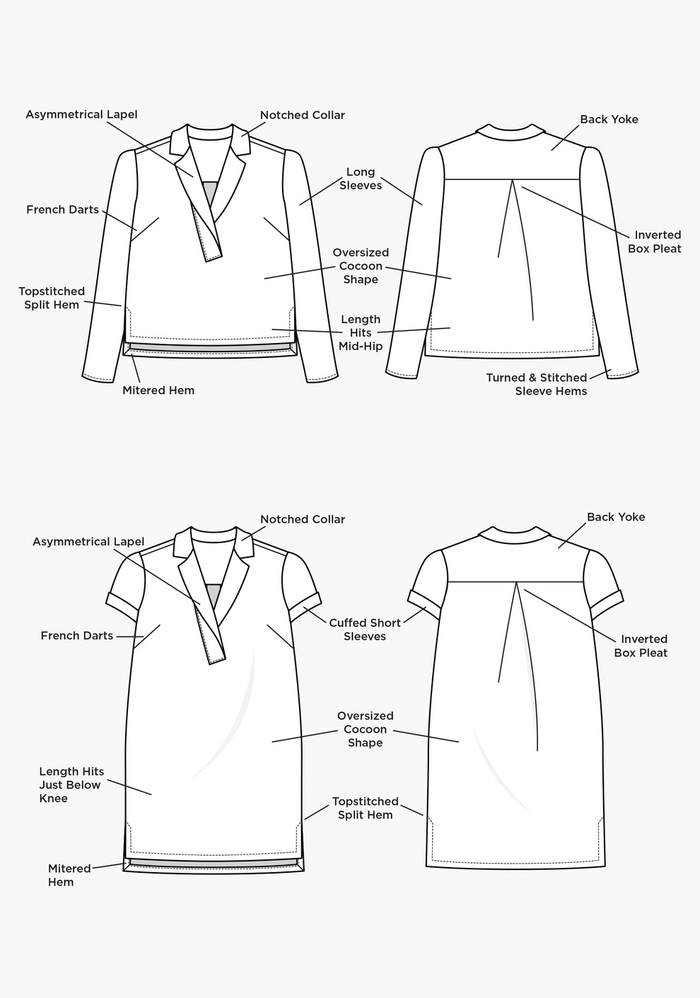 Flat technical illustrations of Augusta Top and Dress with notched collar, asymmetric lapel, darts, and back pleat.