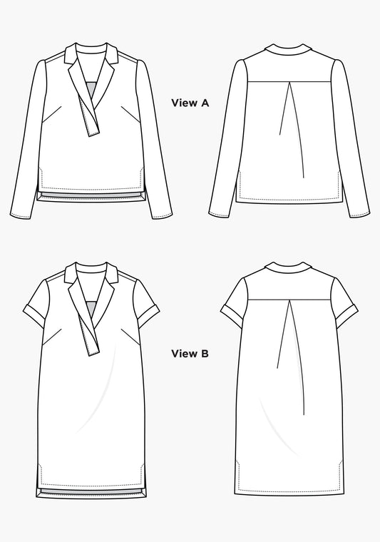 Flat technical illustrations of Augusta Top and Dress showing construction details and design elements.