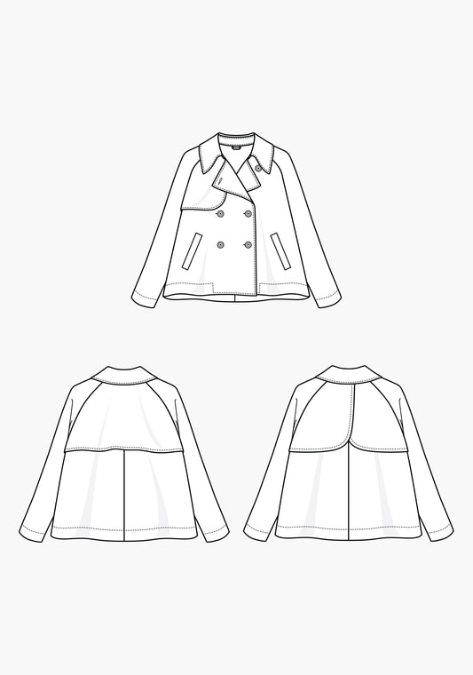 Technical flats of the Cortland Trench Coat with front and two back views, showing storm flaps and welt pockets.