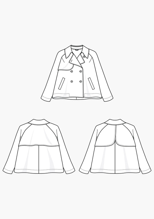 Technical flats of the Cortland Trench Coat with front and two back views, showing storm flaps and welt pockets.