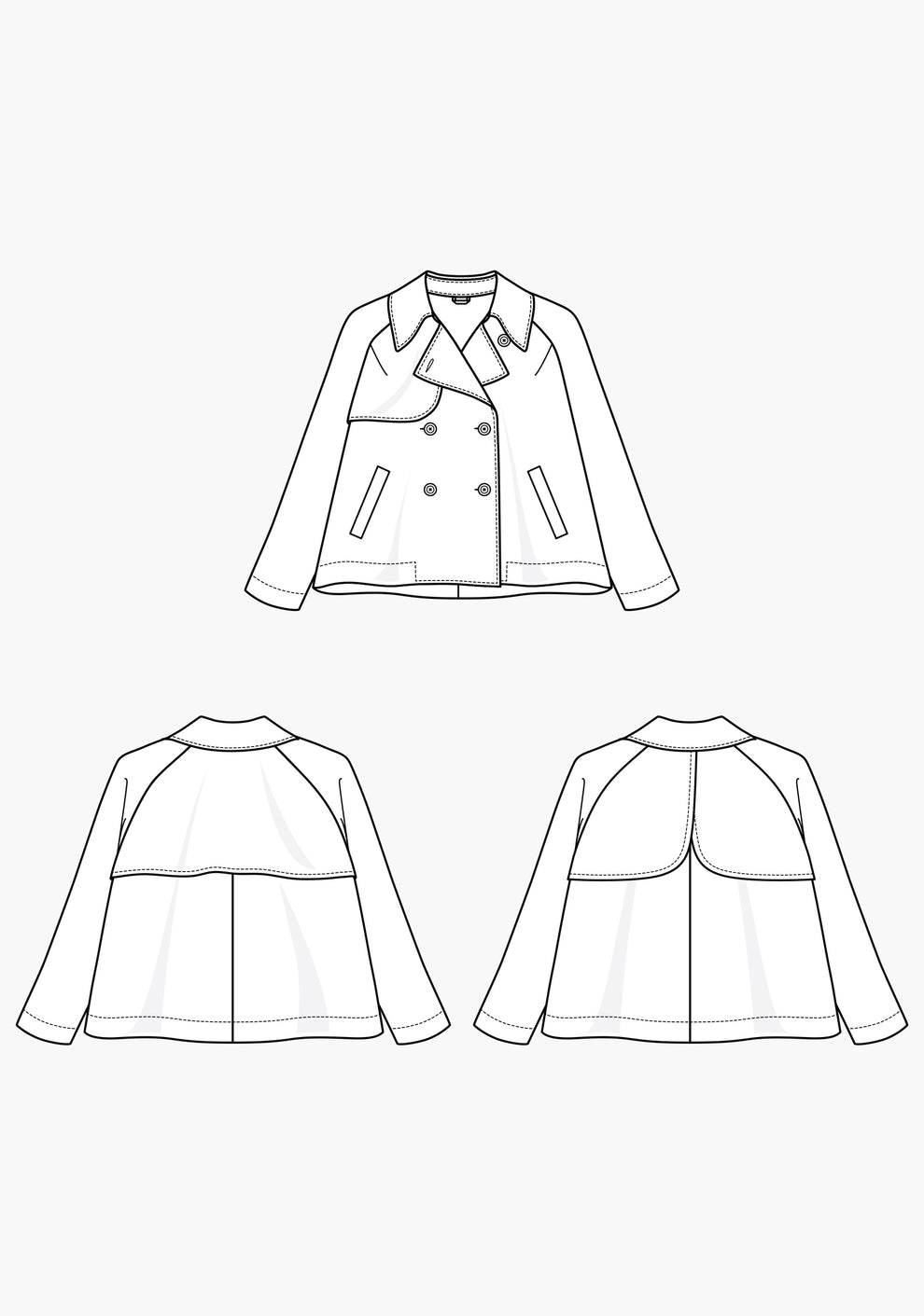 Technical flats of the Cortland Trench Coat with front and two back views, showing storm flaps and welt pockets.