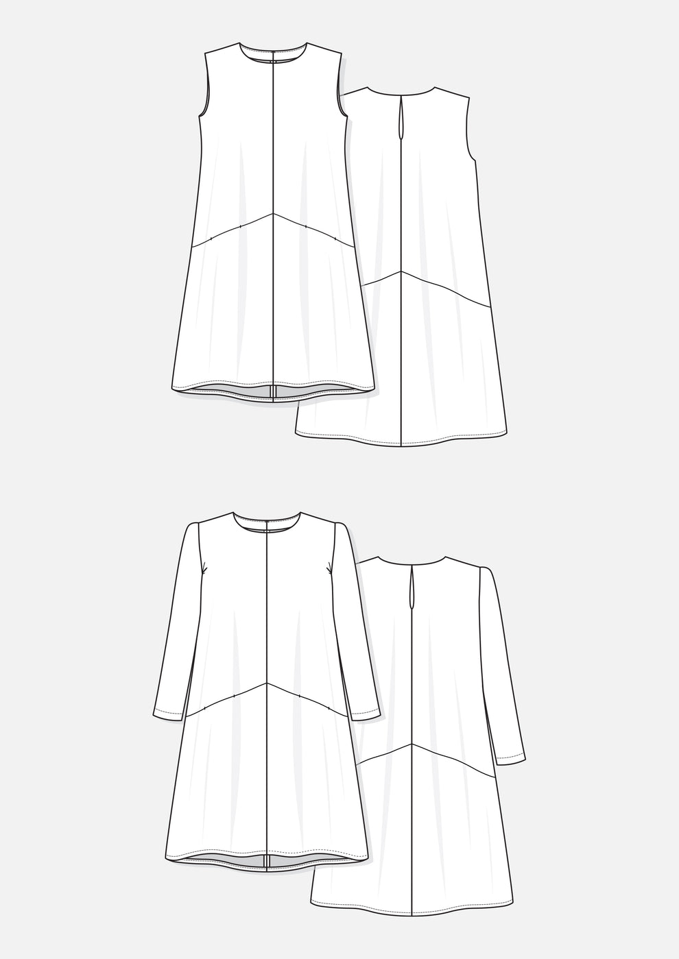 Flat sketch of Farrow Dress with diagonal seam, hidden pockets, and sleeveless or long sleeve options.