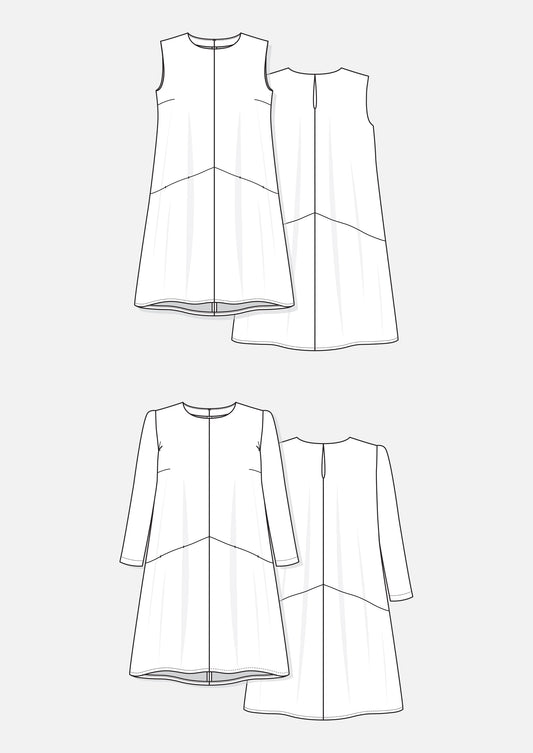 Flat sketch of Farrow Dress with diagonal seam, hidden pockets, and sleeveless or long sleeve options.