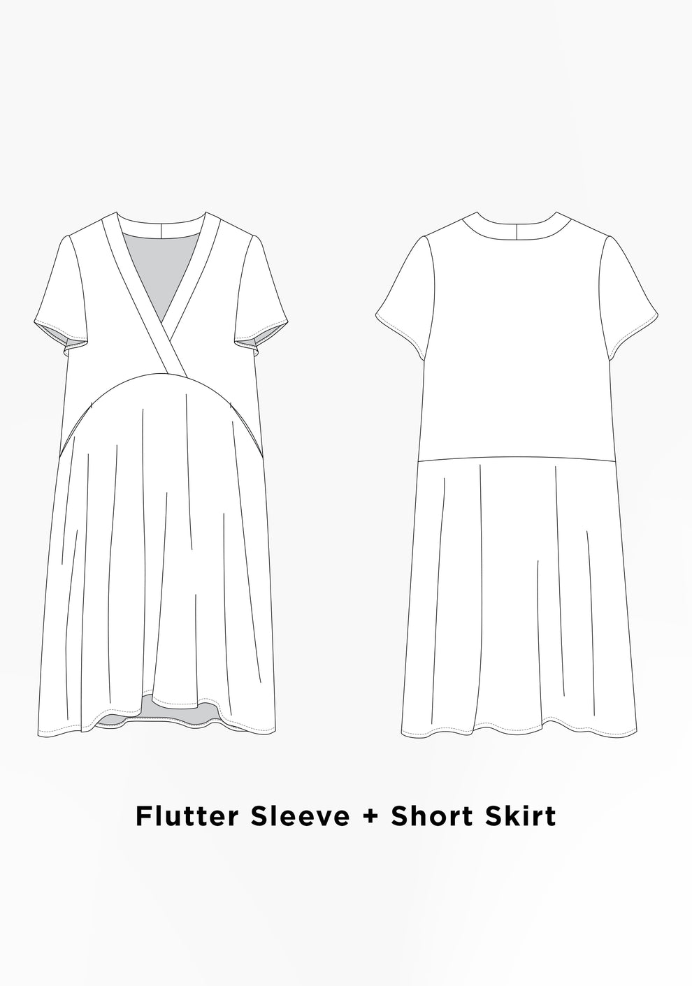 Flat illustration of Felix Dress with flutter sleeve and short skirt, featuring crossover bodice and curved waist seam.