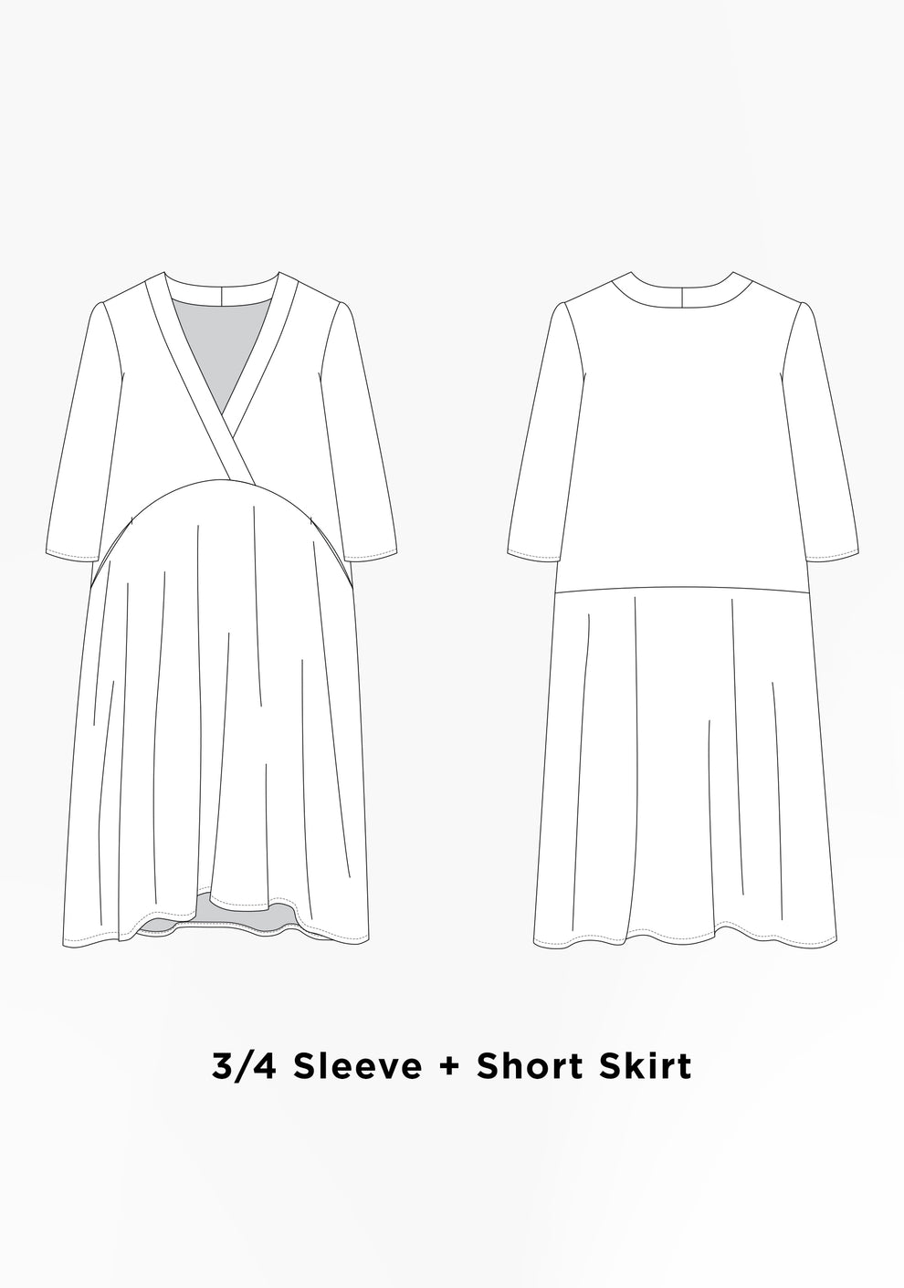 Flat illustration of Felix Dress with ¾ sleeve and short skirt, showing crossover bodice and curved waist seam.