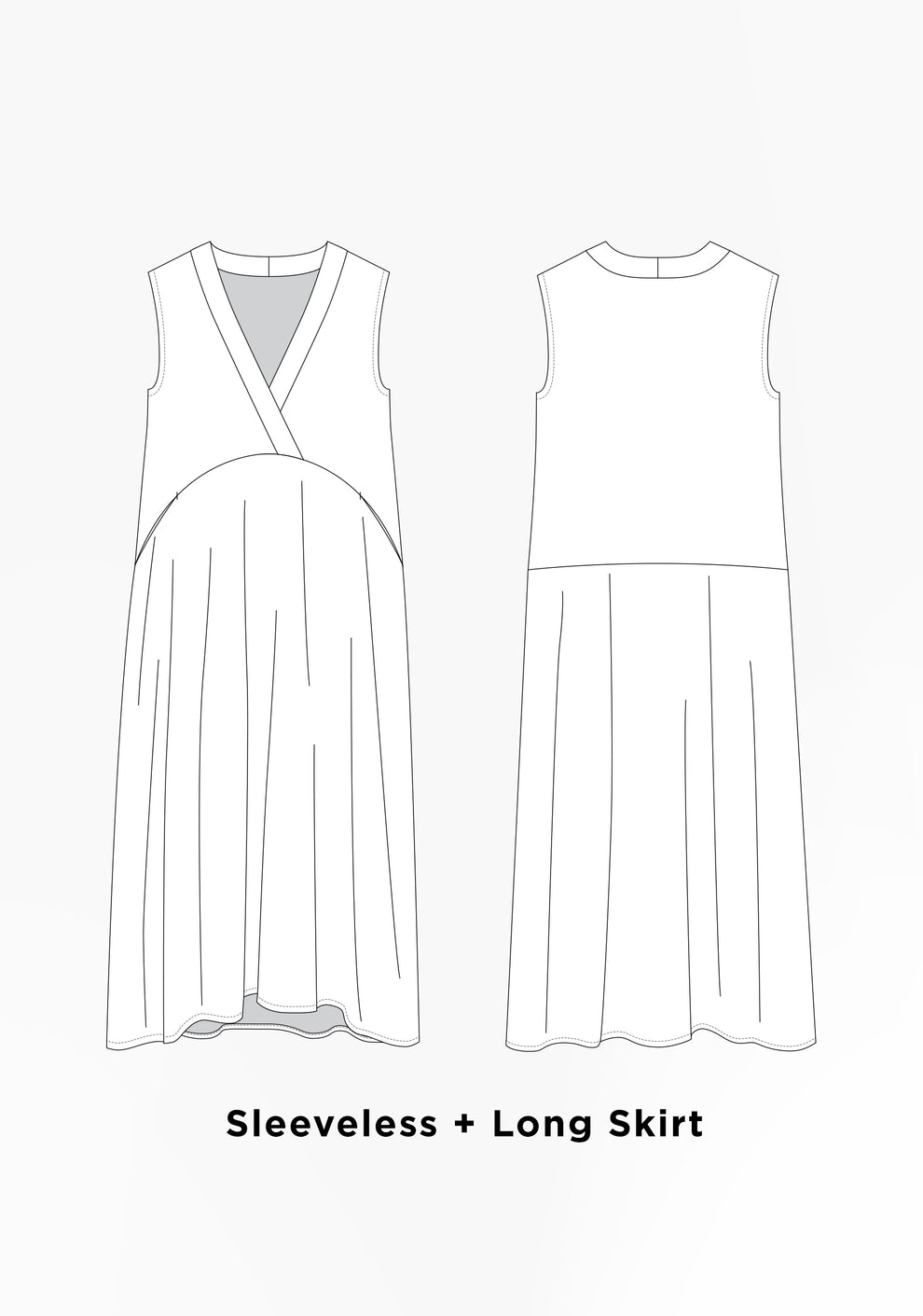 Flat illustration of Felix Dress with sleeveless bodice and long skirt, featuring crossover front and curved waist seam.