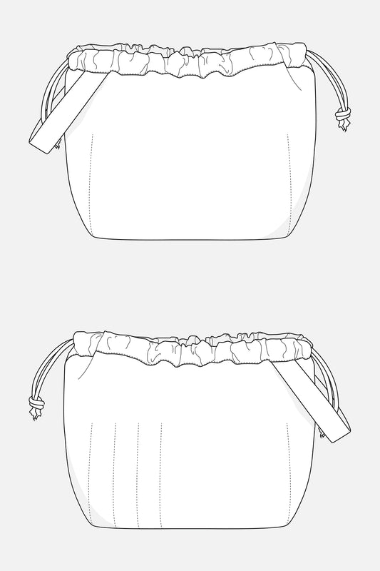 Labeled line drawing of Field Bag showing interior and exterior pockets, drawstring top, and angled carrying strap.