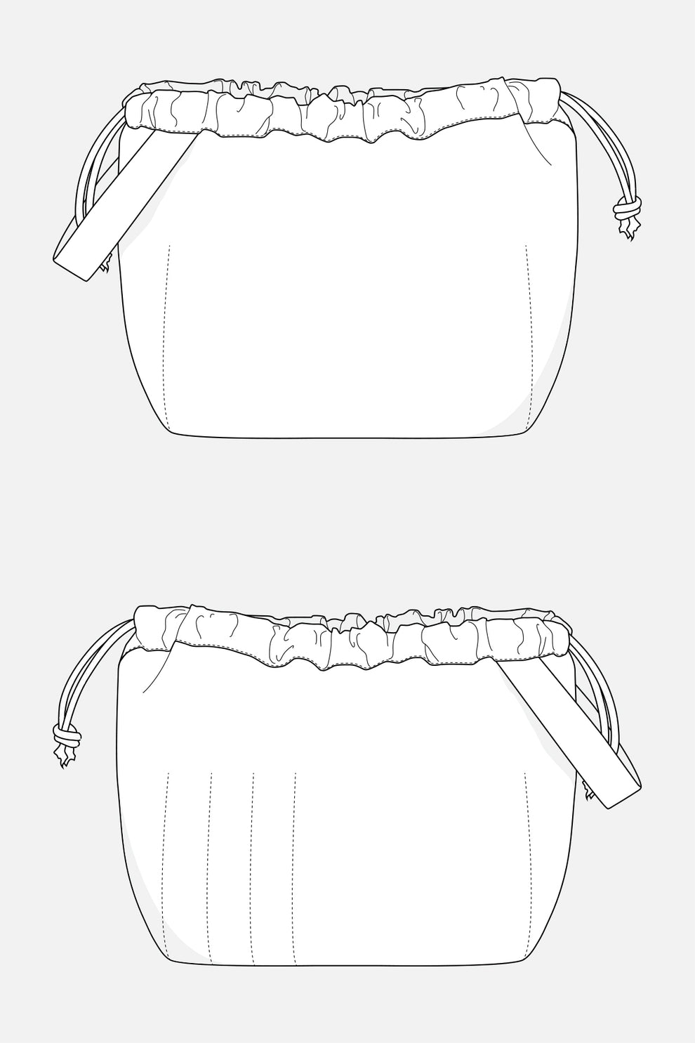 Labeled line drawing of Field Bag showing interior and exterior pockets, drawstring top, and angled carrying strap.
