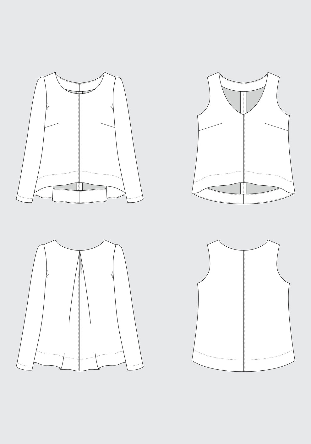 Technical illustration showing front and back views of Hadley Top View A with sleeves and View B sleeveless options.