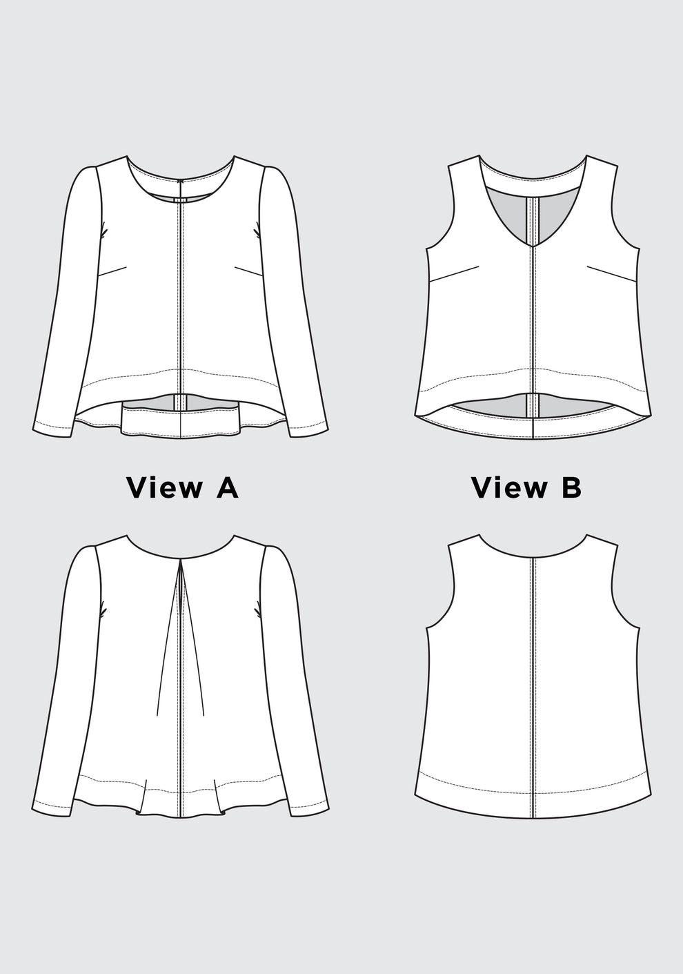 Technical illustrations of Hadley Top Views A and B, showing front and back options with sleeve and neckline variations.