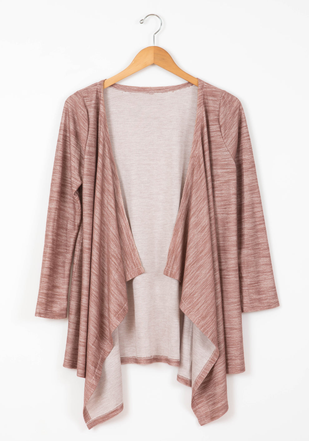Flatlay of rose Lark Cardigan on hanger showing front opening and soft knit texture.