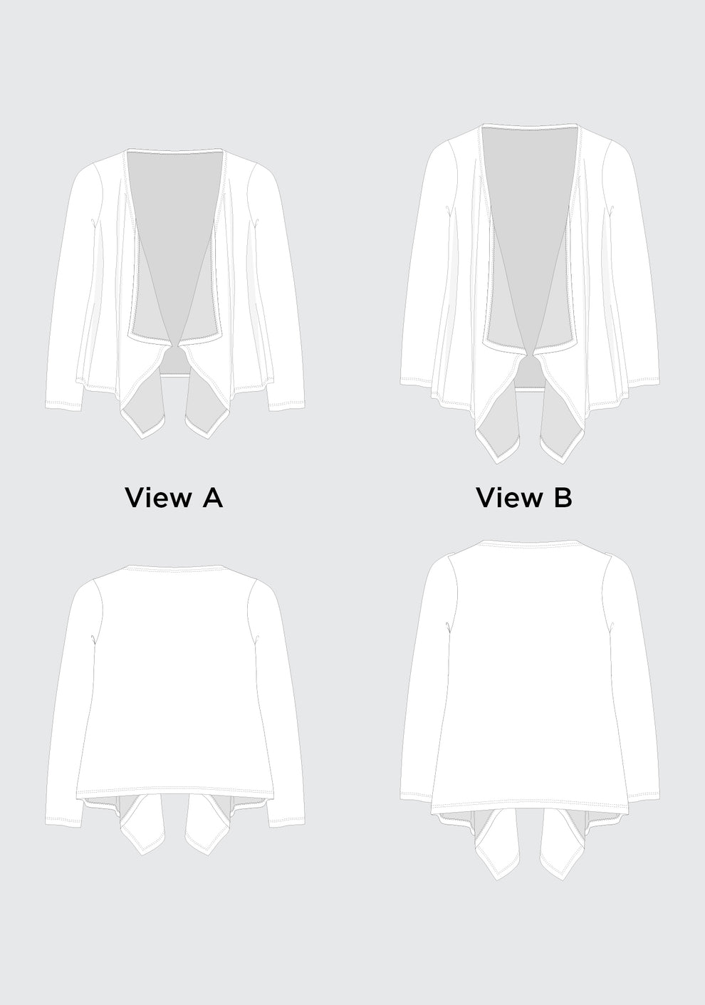 Technical illustrations of Lark Cardigan views A and B showing front and back design differences.