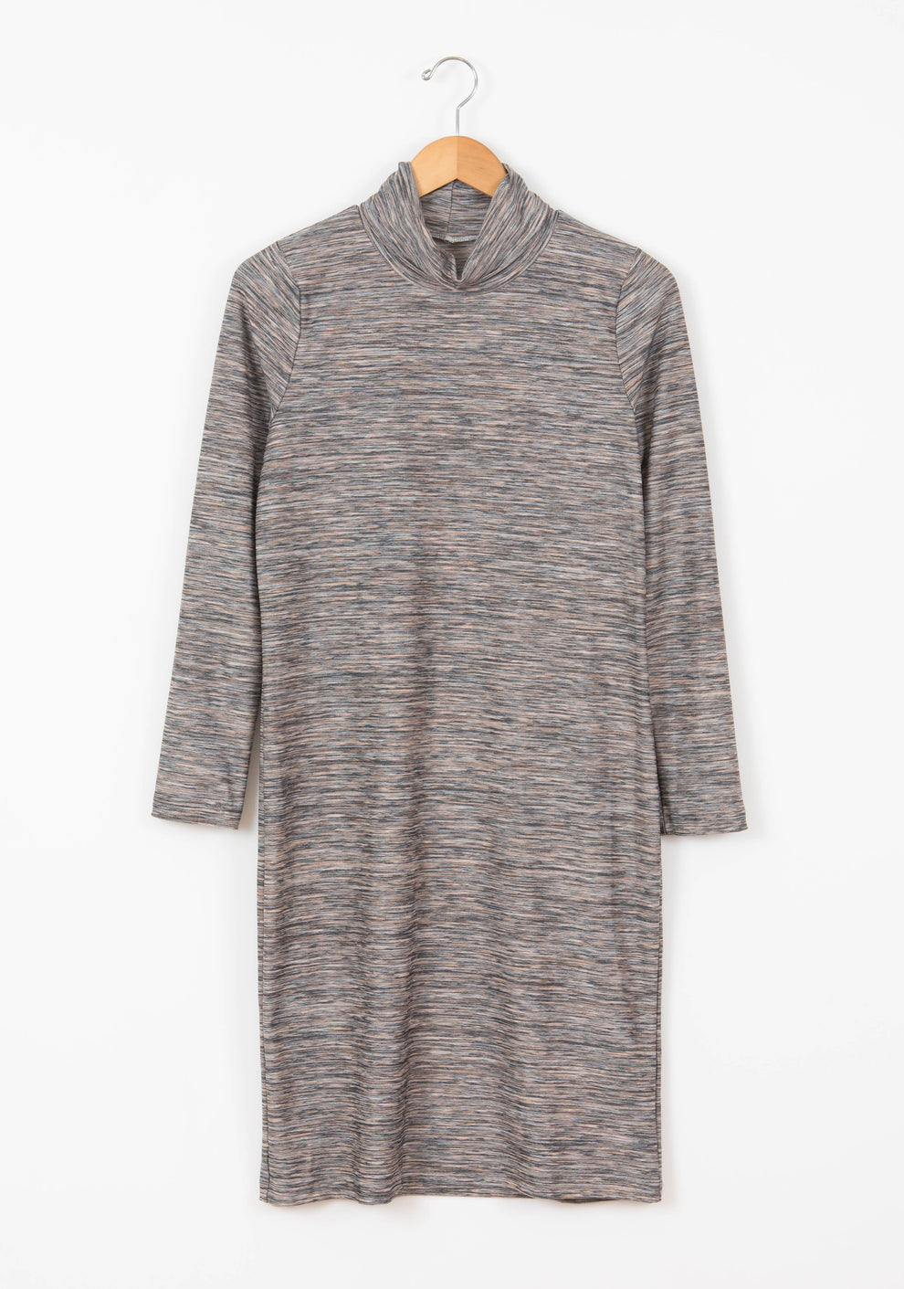 Flatlay of heathered Lark Dress with cowl neck and long sleeves.