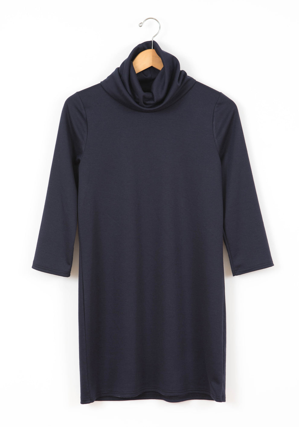 Flatlay of navy Lark Dress with cowl neckline and 3/4 sleeves.