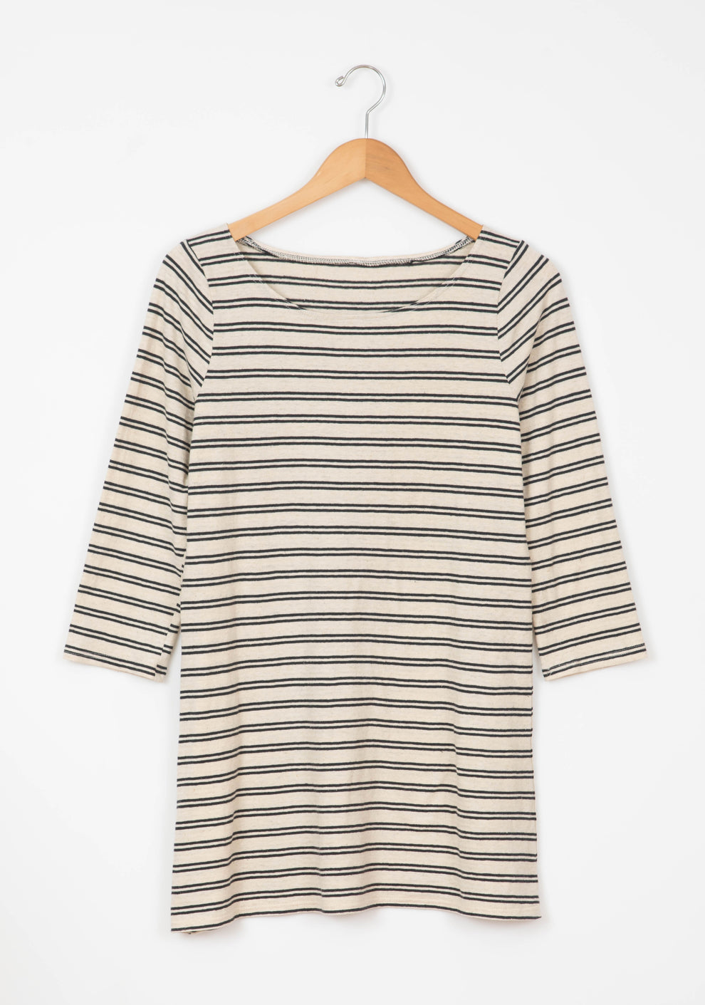 Flatlay of striped Lark Dress with scoop neckline and 3/4 sleeves.