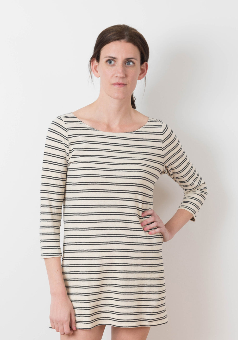 Model: Size 6, 5'8" | Model wearing striped mini Lark Dress with scoop neckline and 3/4 sleeves, front view.