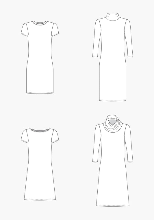 Line drawings showing four Lark Dress views: short sleeve, long sleeve, scoop neck, and cowl neck.