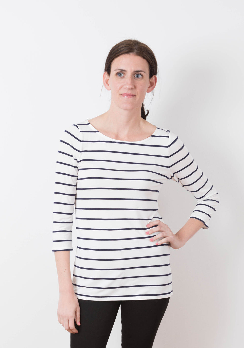 Model: Size 6, 5'8" | Model wearing Lark Tee with 3/4 sleeves and boat neckline, front view.
