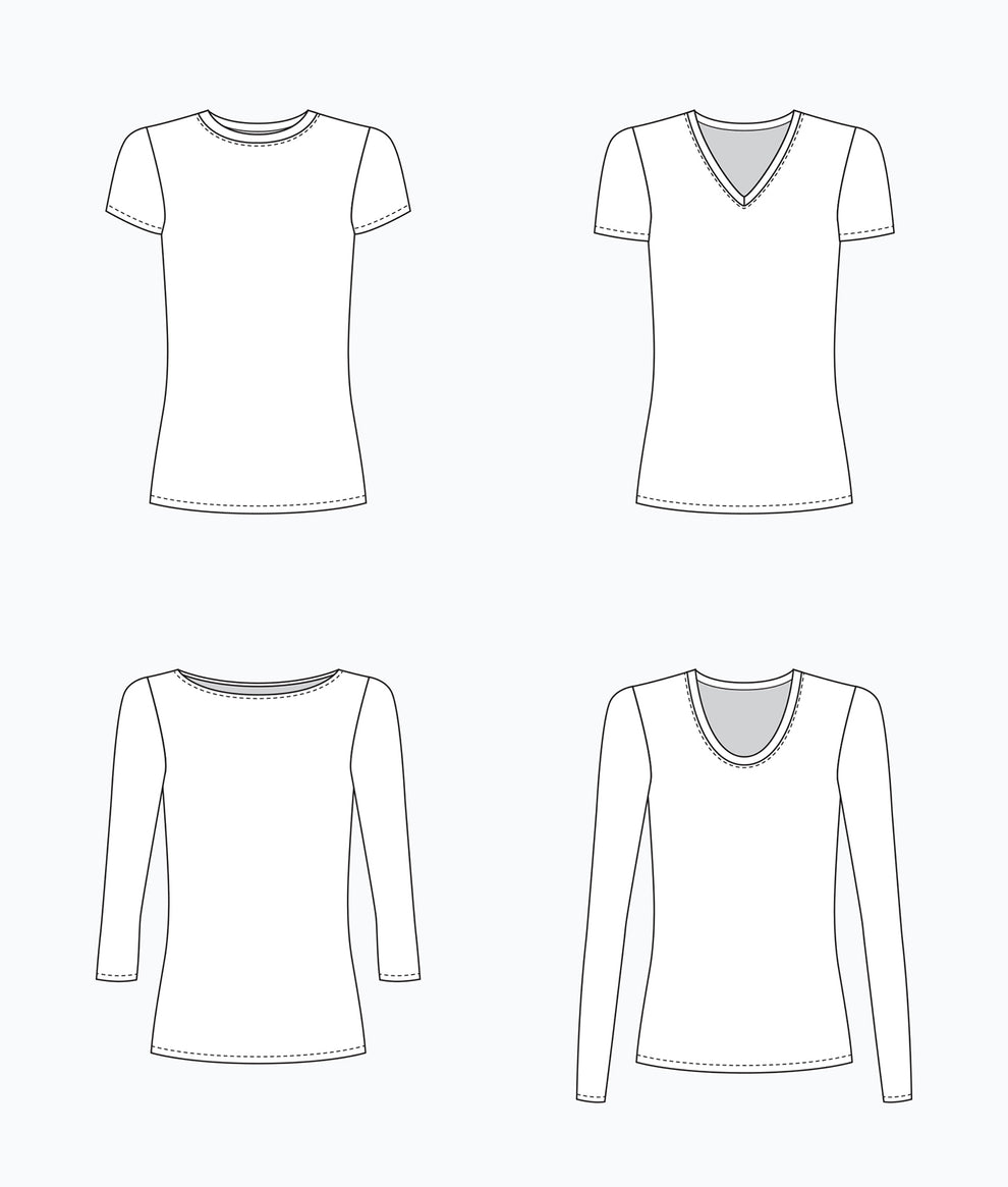 Flat technical illustrations of the Lark Tee pattern showing all four necklines and sleeve options.