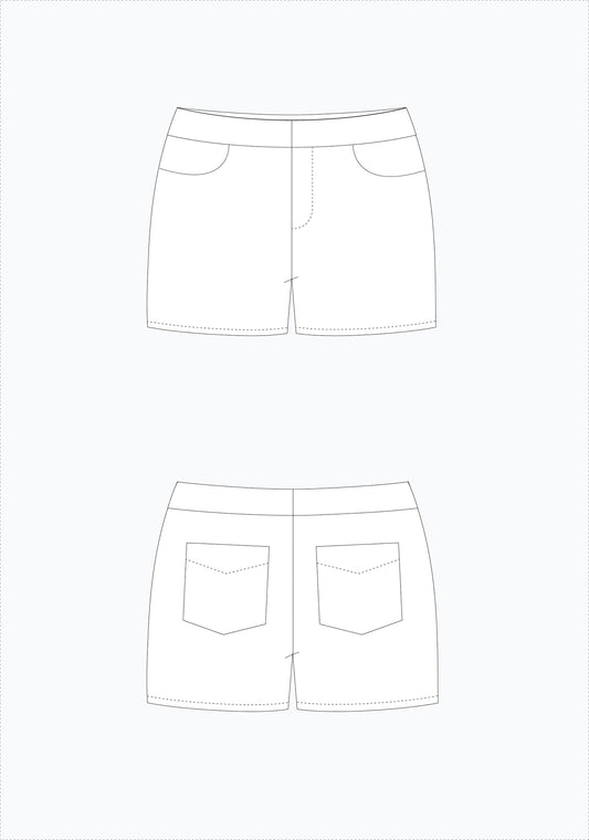 Technical flat illustrations of the Maritime Shorts showing front and back views with pockets and fly front.