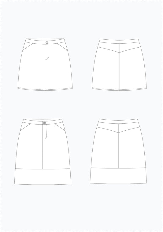 Flat technical illustration of the Moss Skirt pattern showing front and back views of both skirt lengths with yoke and waistband details.