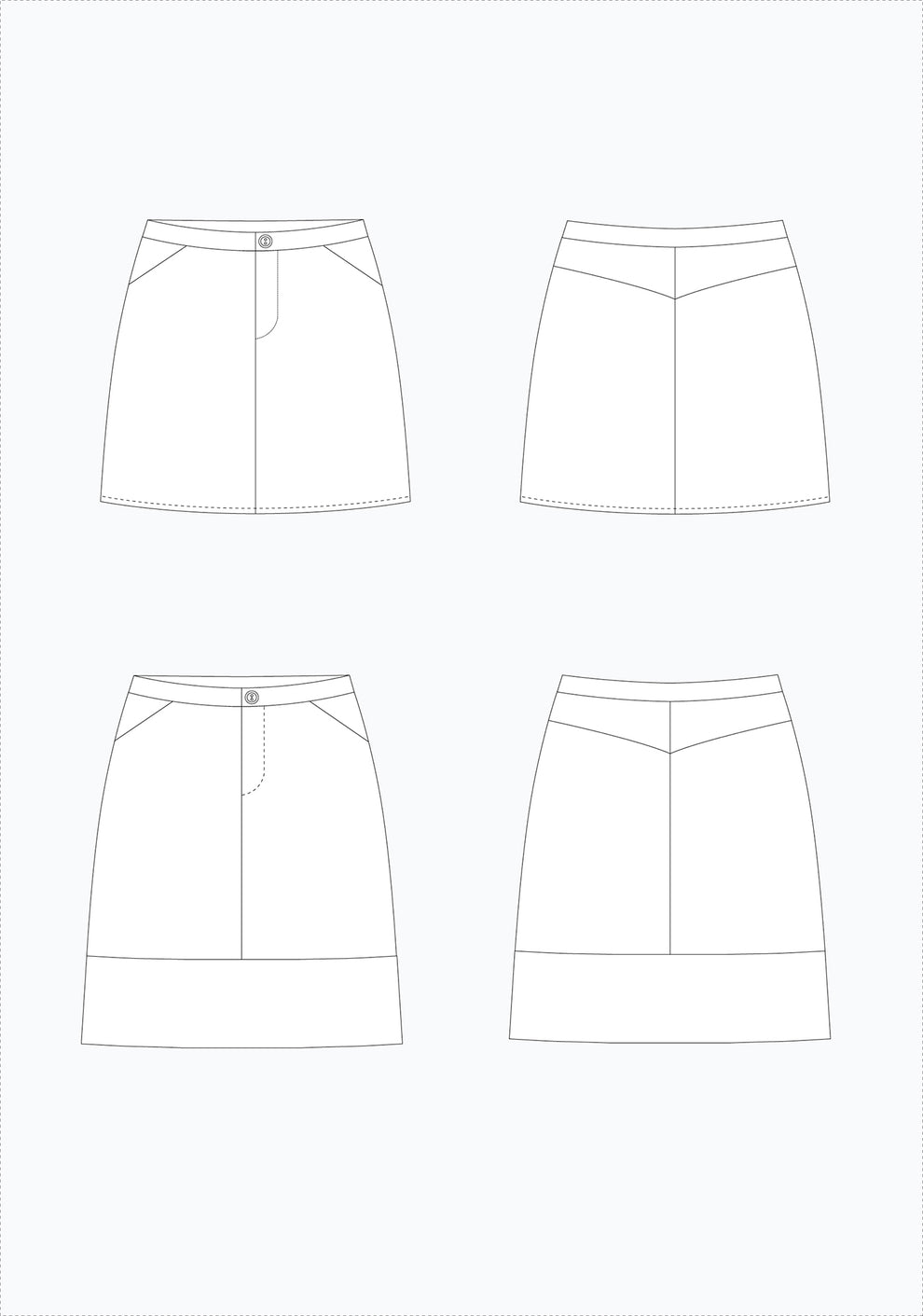 Flat technical illustration of the Moss Skirt pattern showing front and back views of both skirt lengths with yoke and waistband details.