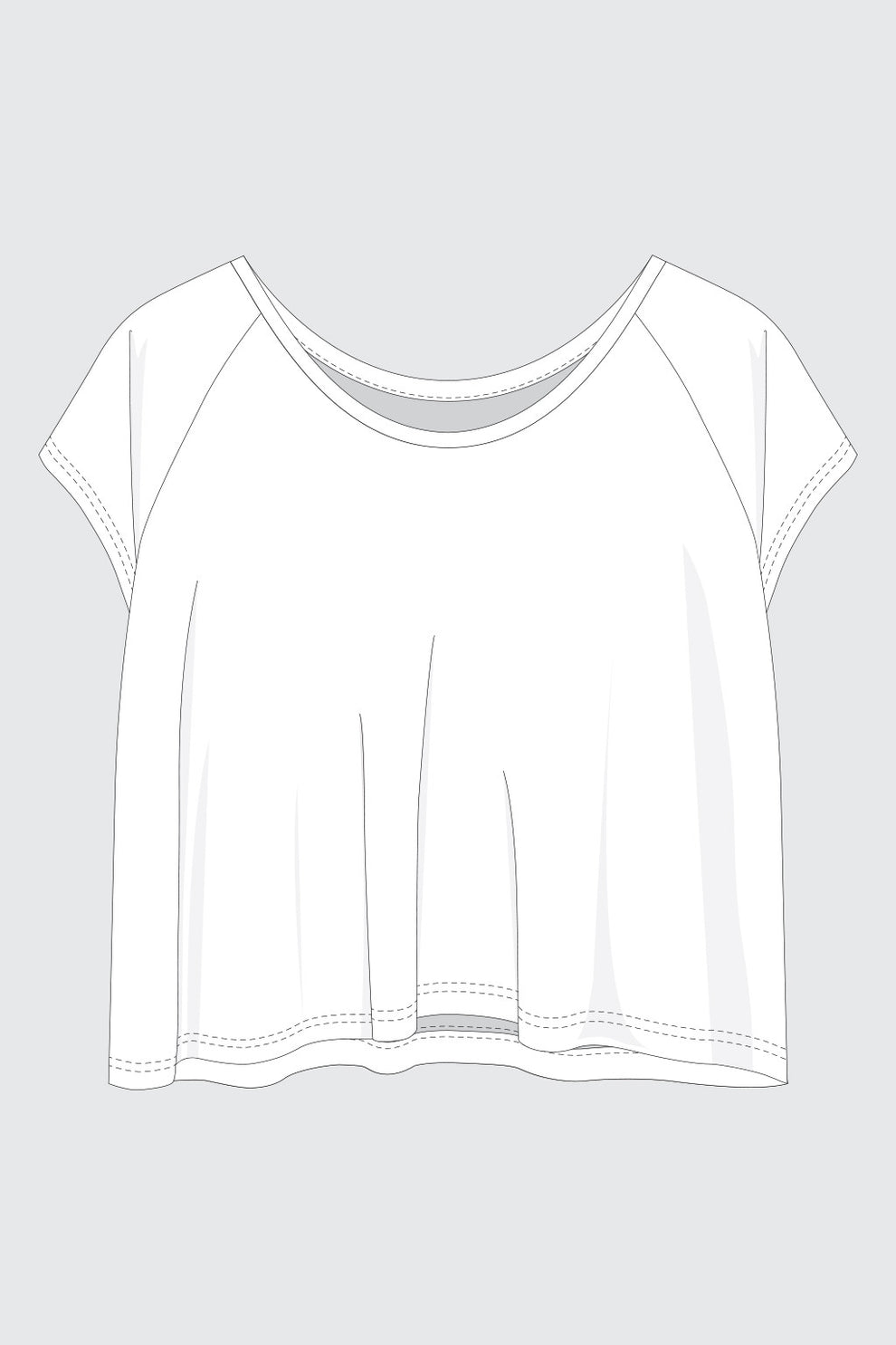 Flat technical illustration of the Penny pattern, a short sleeve knit tee with relaxed fit and curved hem.