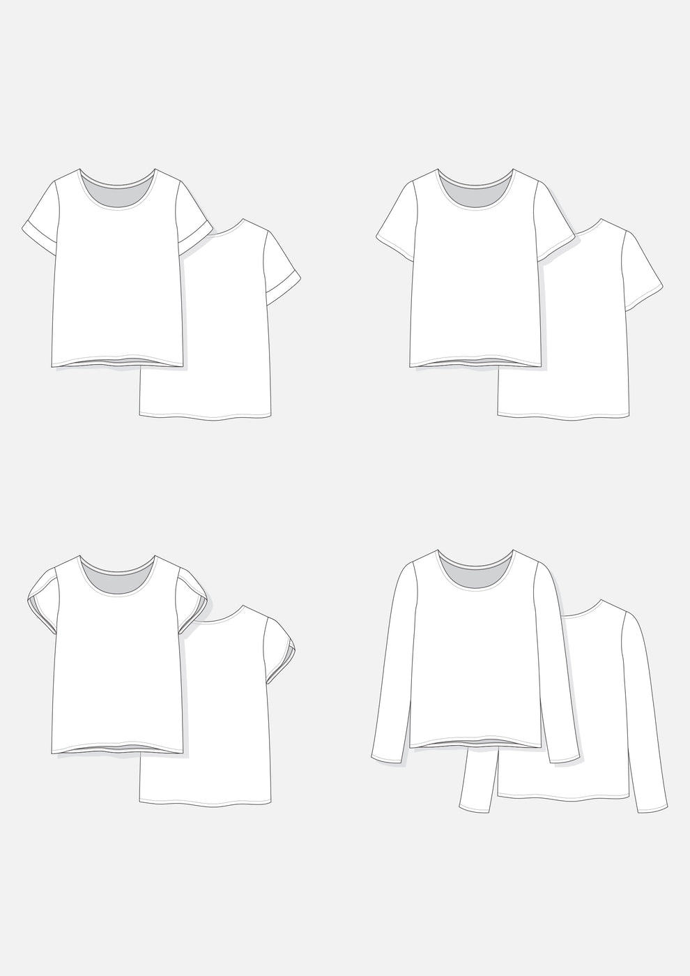 Flat technical illustrations showing all four Scout Tee sleeve styles.