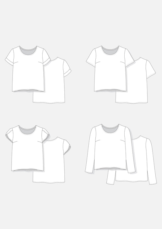 Technical drawings of Scout Sleeve Add-On views including short, cuffed, petal, and long sleeves.