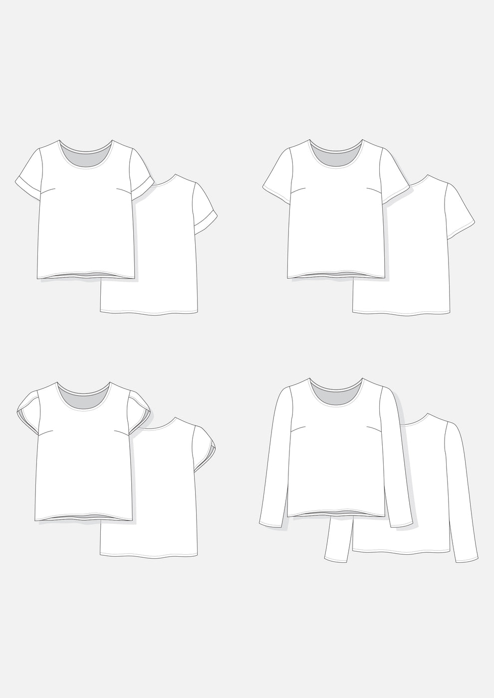 Technical drawings of Scout Sleeve Add-On views including short, cuffed, petal, and long sleeves.