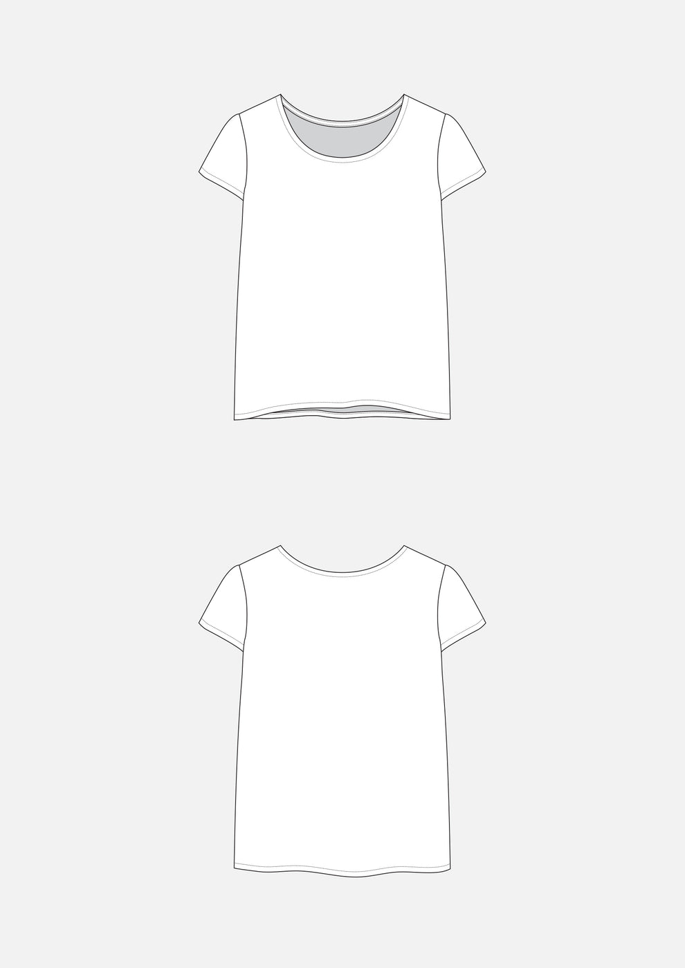 Technical flats of the Scout Tee showing front and back views with short sleeves and scoop neck.