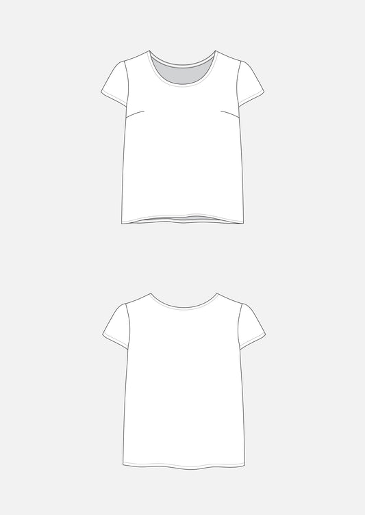 Flat illustrations of the Scout Tee showing front and back views with short sleeves and a curved hem.