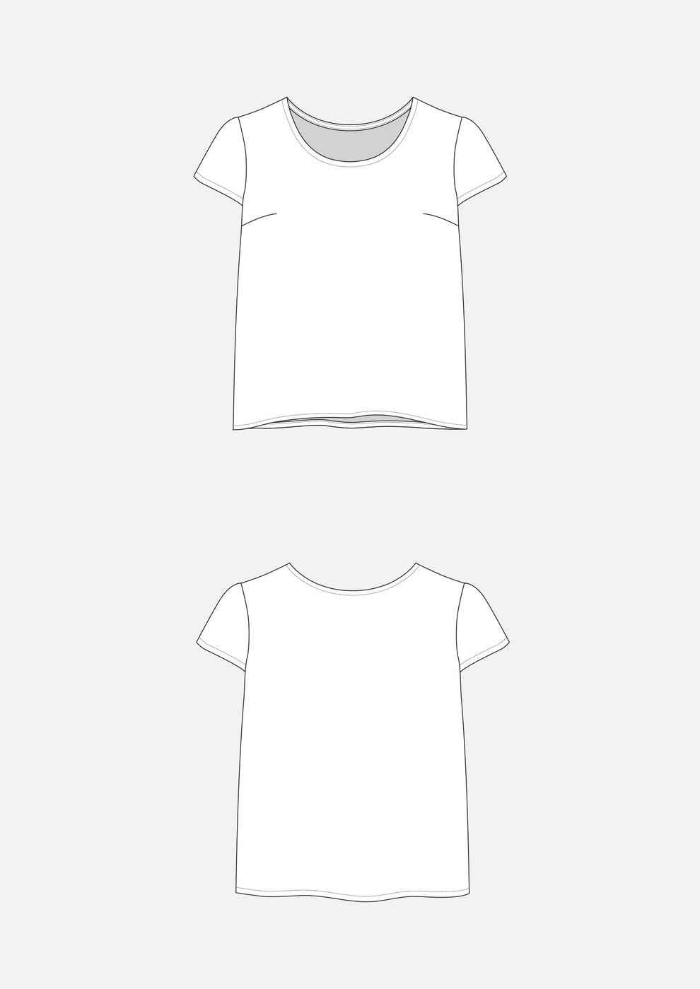 Flat illustrations of the Scout Tee showing front and back views with short sleeves and a curved hem.