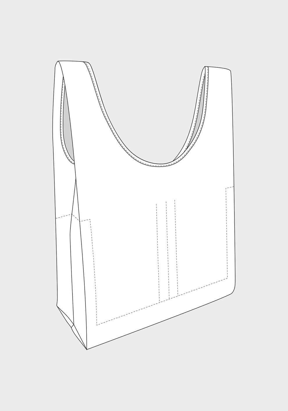 Line drawing of Stowe bag with curved handles, boxy body, and visible topstitching and front pocket seam lines.