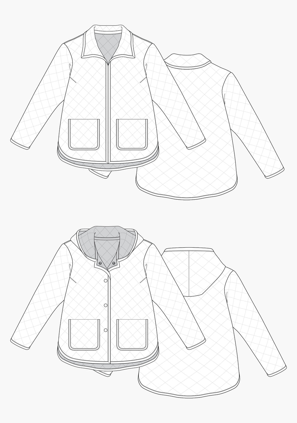 Technical flats of Tamarack Jacket with collar and hood variations, front patch pockets, and curved hem.