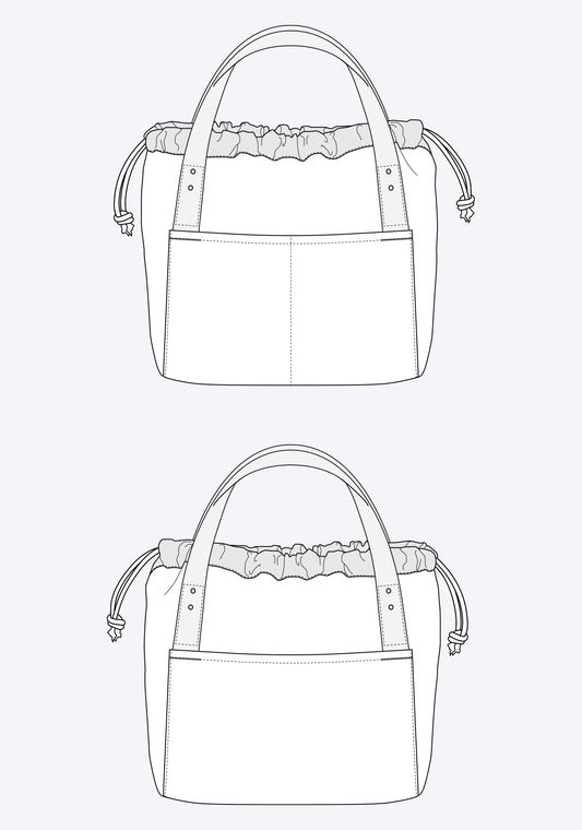 Two flat technical illustrations of the Town Bag showing front and three-quarter views with drawstring closure.