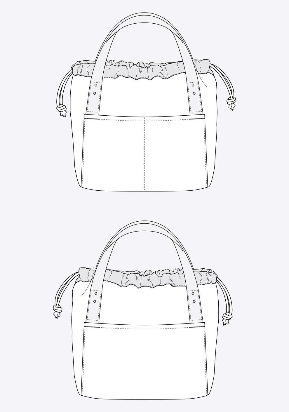 Two flat technical illustrations of the Town Bag showing front and three-quarter views with drawstring closure.