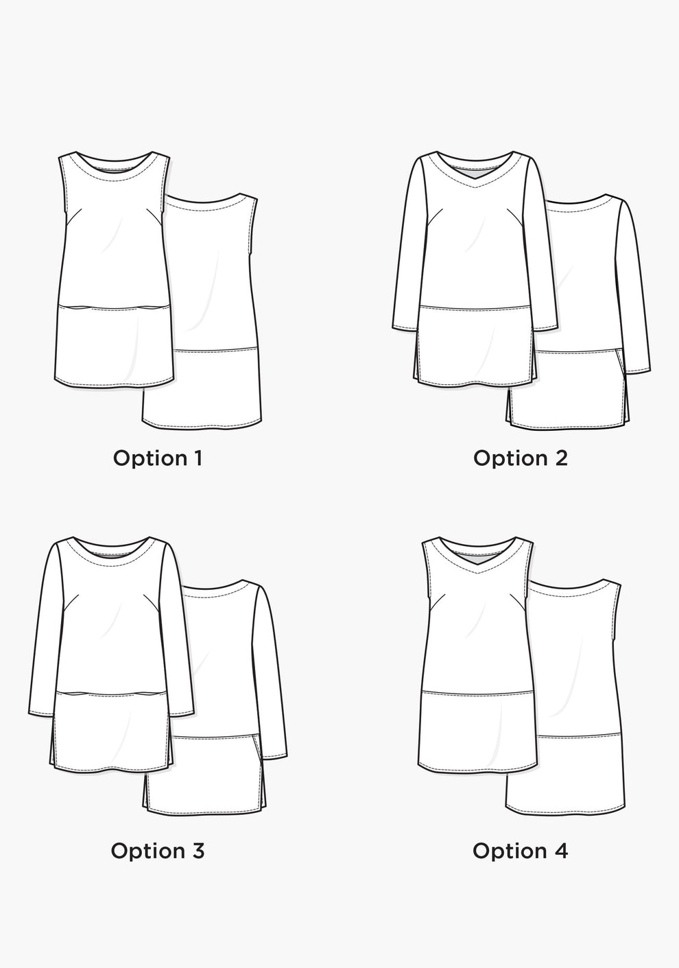 Line drawings of four tunic options showing different necklines, sleeve lengths, and seam placements.