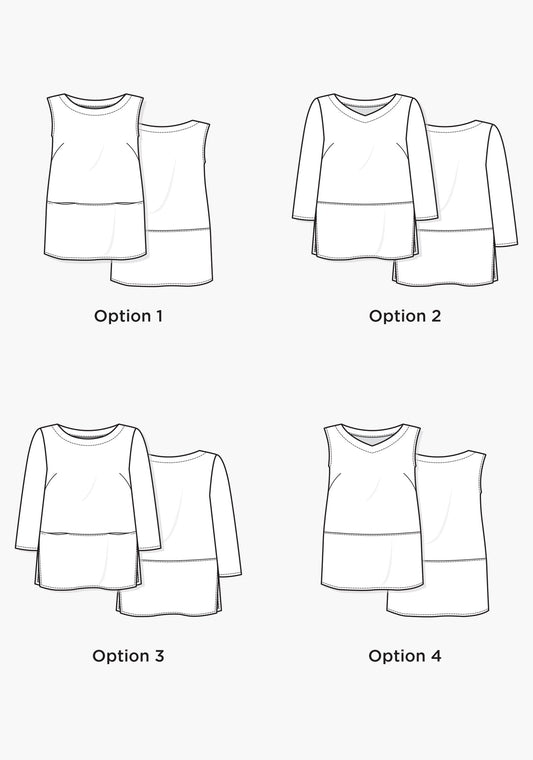 Line drawings of four tunic options showing different necklines, sleeve lengths, and seam placements.