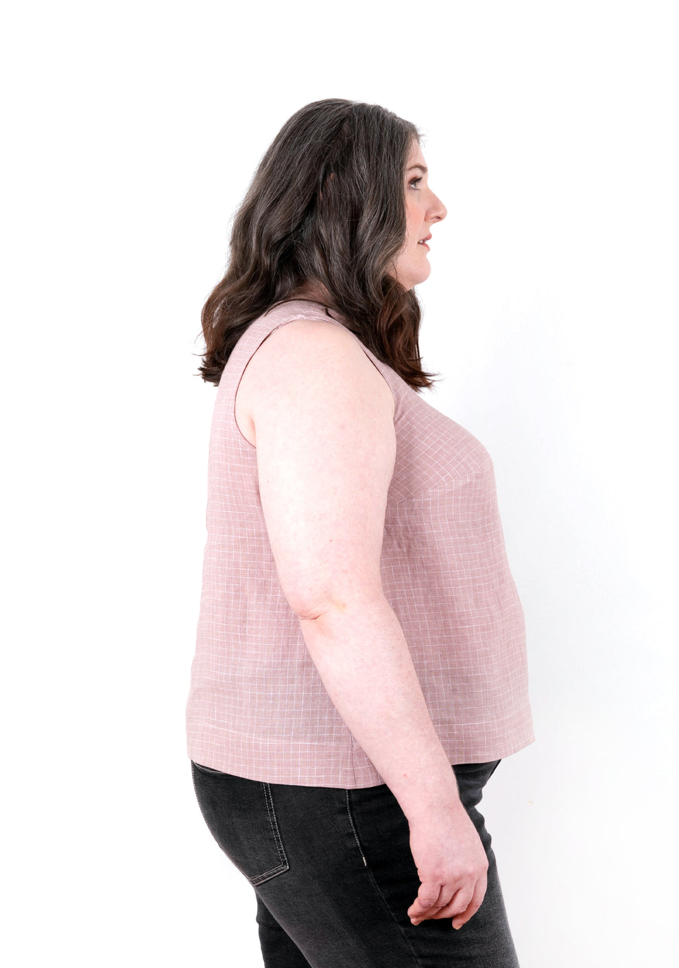 Profile view of Willow Tank showing armhole and side seam shaping.