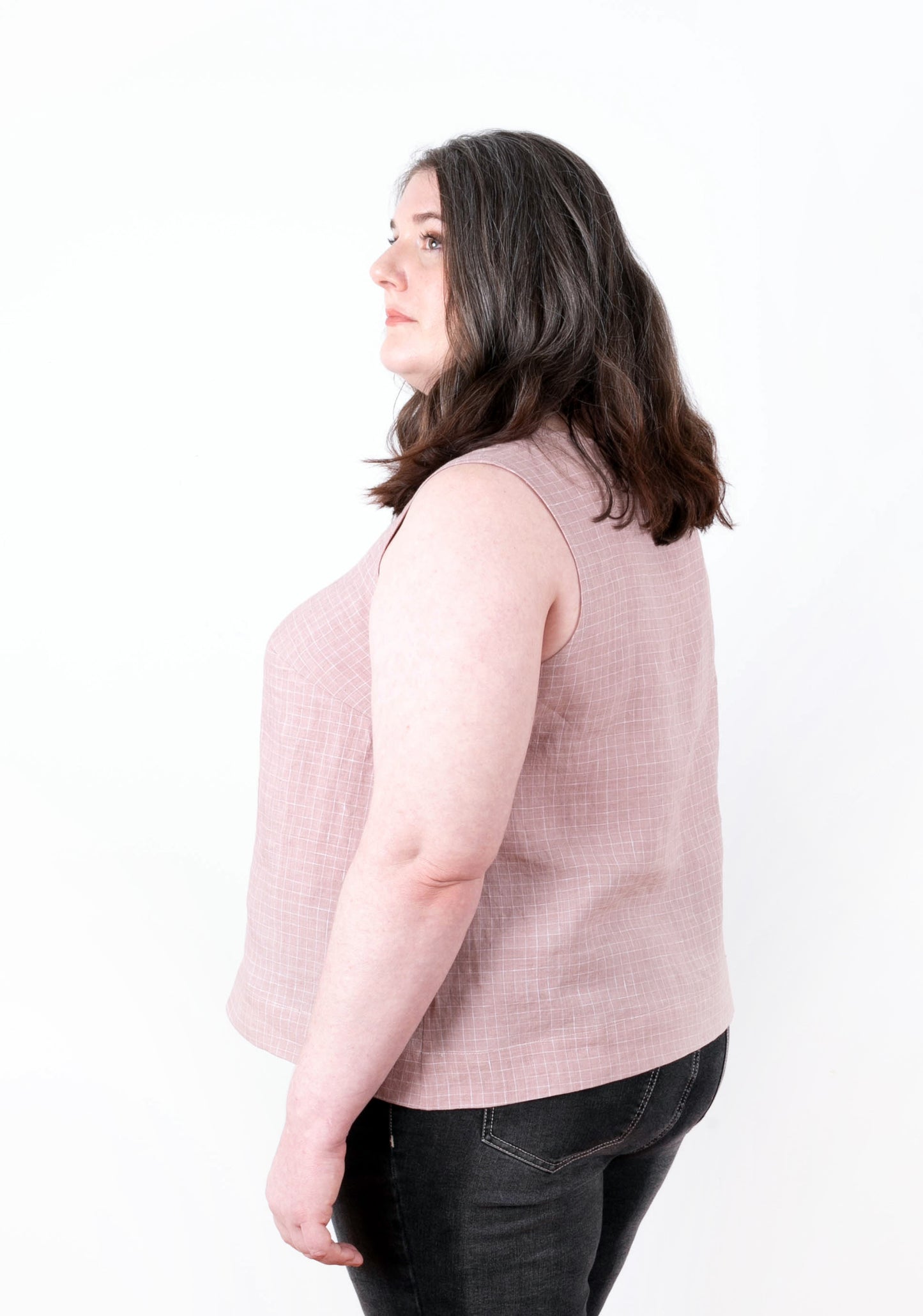 Side view of Willow Tank showing A-line shape and bust dart placement.