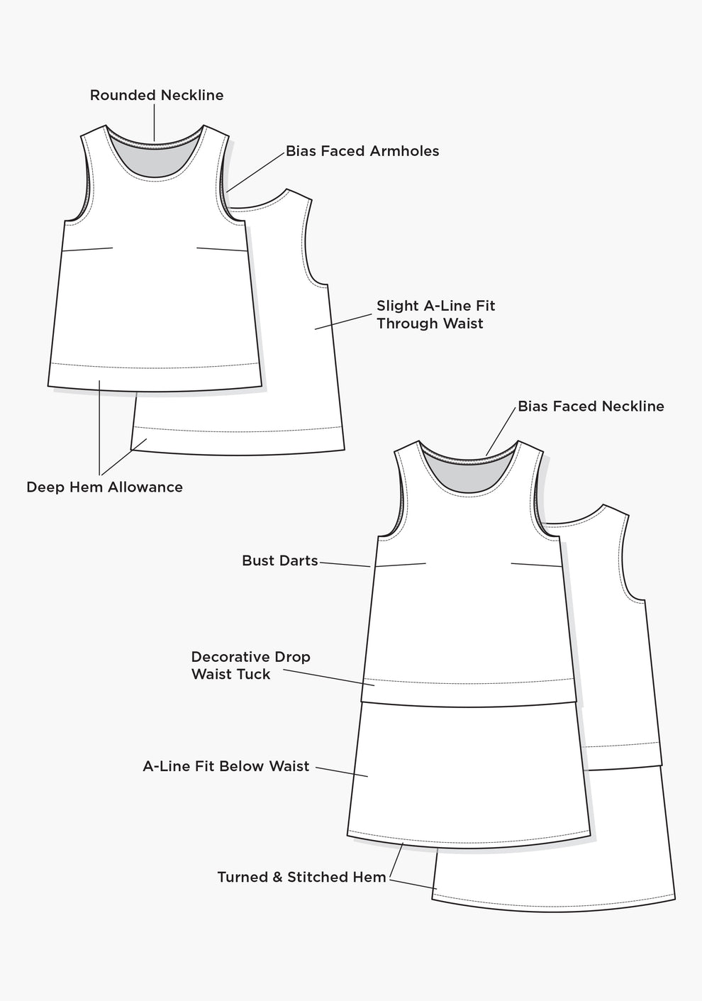 Flat sketch of Willow Tank and Dress showing A-line silhouettes, bust darts, and drop-waist seam option.