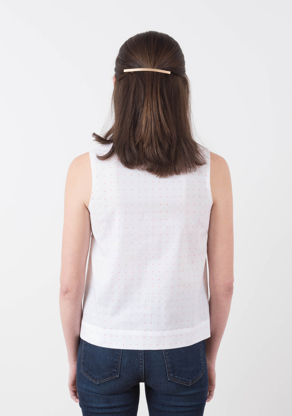 Back view of sleeveless Willow Top in white print fabric, View A, worn by model.